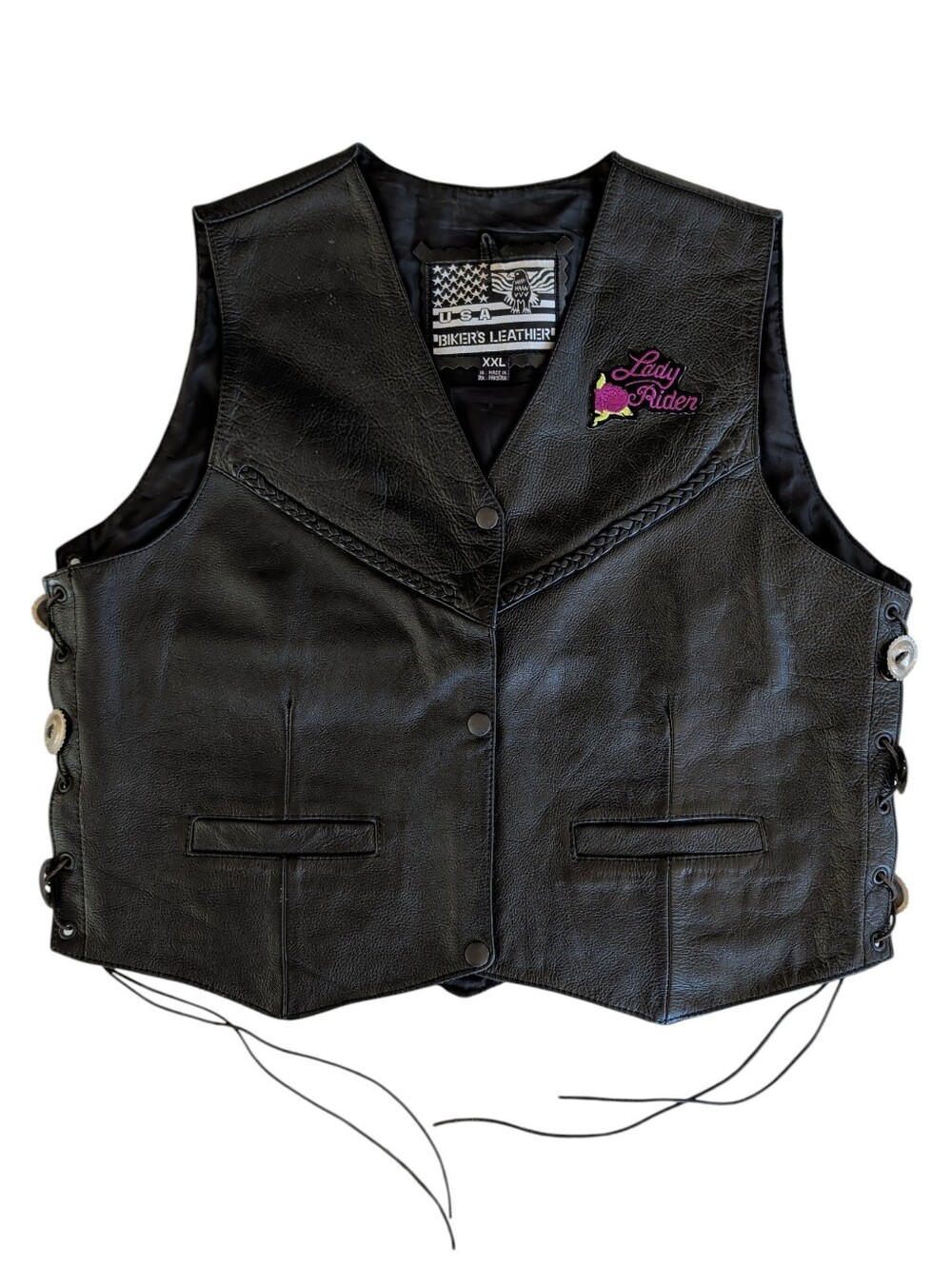Vintage USA Bikers Leather Lady Rider Side Lace Up Braided Vest XXL Black